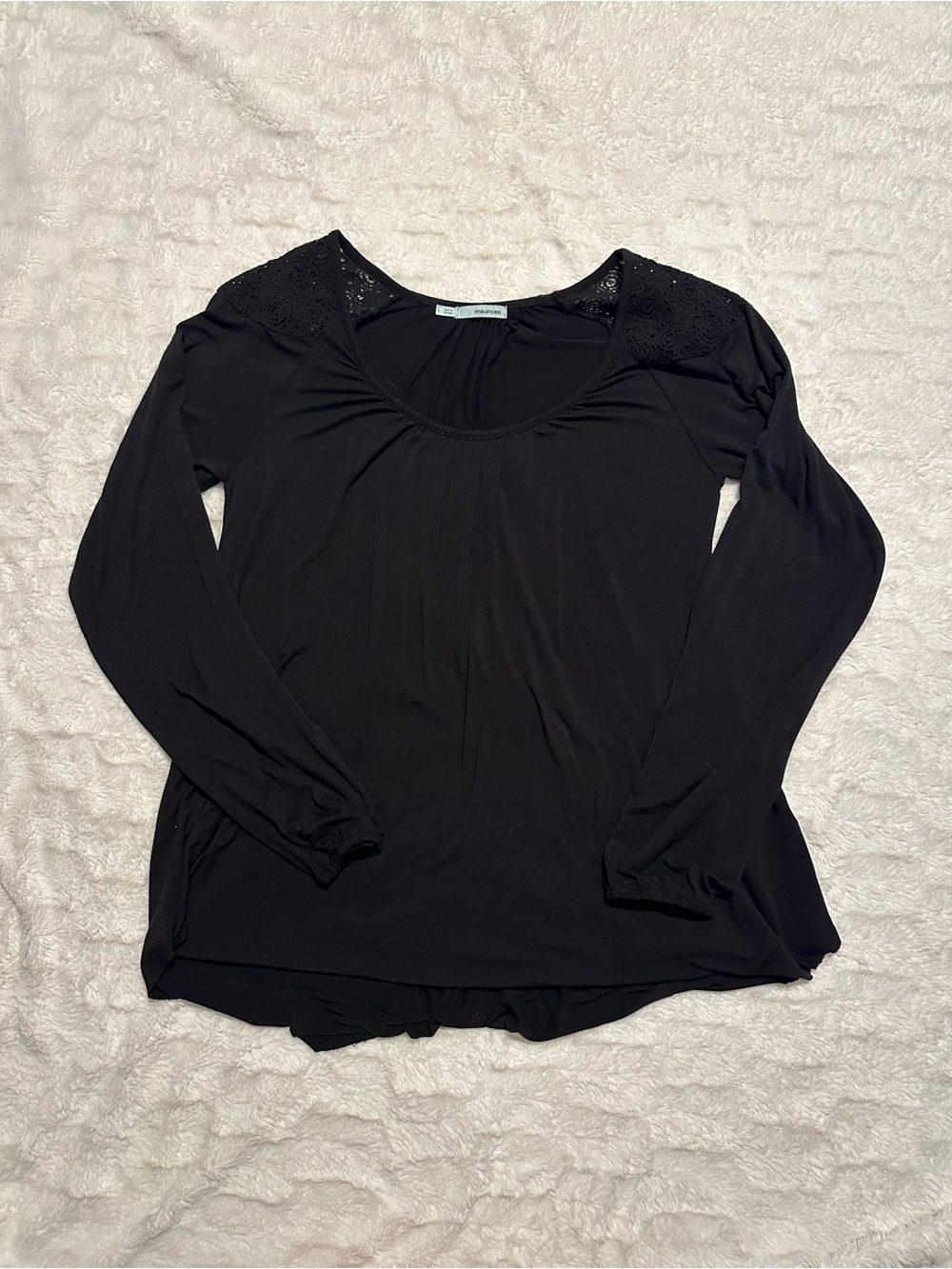 Maurices Black Long Sleeve Scoop Neck Top with Lace Shoulder